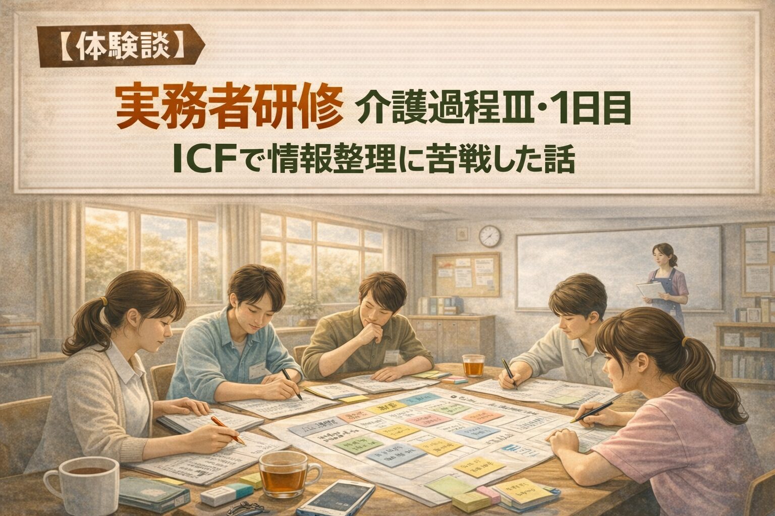 実務者研修（介護過程Ⅲ）1日目の教室風景とICFでの情報整理をイメージしたアイキャッチ
