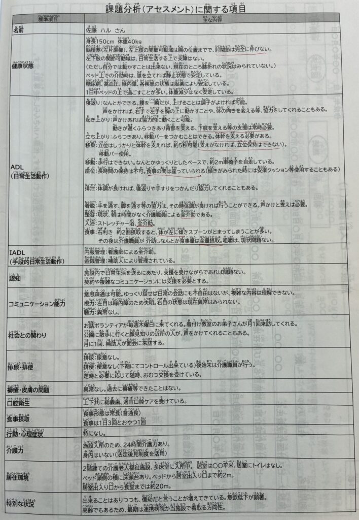 課題分析(アセスメント)項目(佐藤さん)