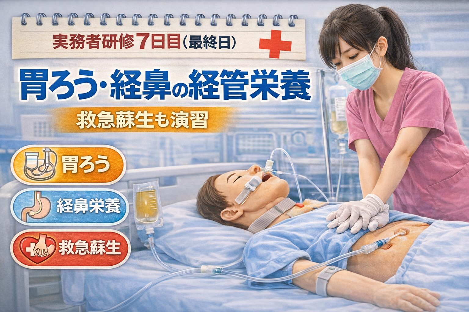 実務者研修「介護過程Ⅲ」7日目（最終日）で学んだ胃ろう・経鼻の経管栄養と救急蘇生法のイメージ