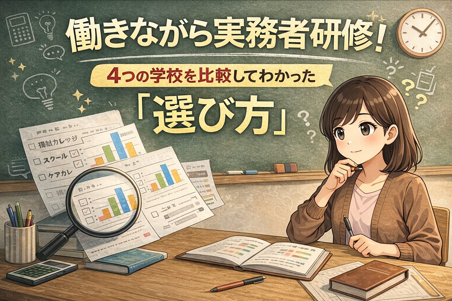 働きながら実務者研修を受けたい人向けに、4つの学校を比較して選び方を解説するアイキャッチ