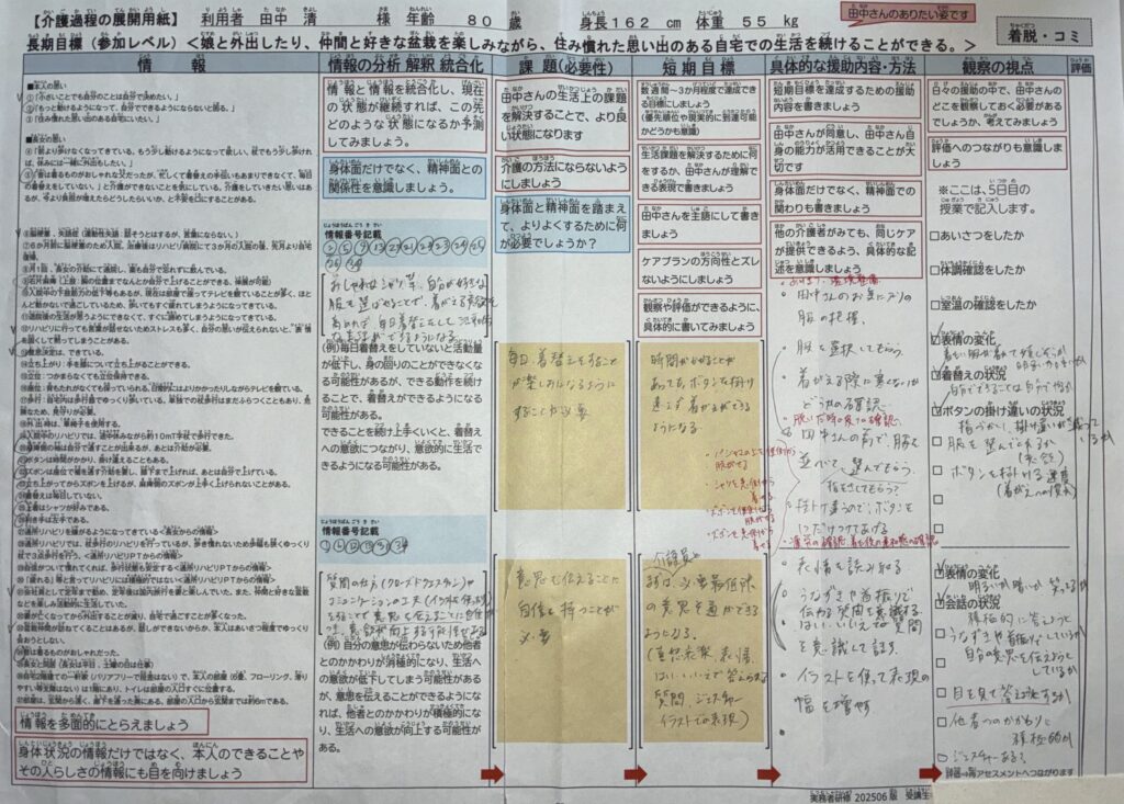 介護福祉士実務者研修 介護過程Ⅲ 2日目で使用した介護課程の展開用紙「着脱・コミュニケーションでの援助内容（田中さん）」