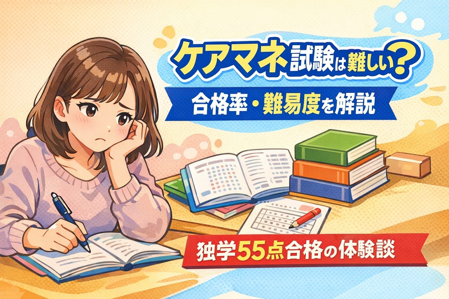ケアマネ試験は難しいのか、合格率や難易度、独学55点合格の体験談を紹介するアイキャッチ画像