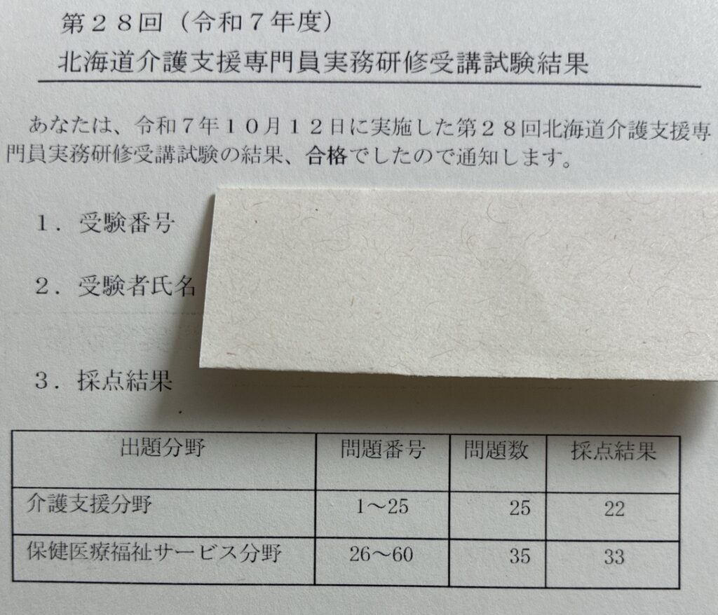 ケアマネ試験(北海道)本試験の合格通知と得点(介護支援22点・保健医療福祉33点/合計55点)※個人情報は伏せています