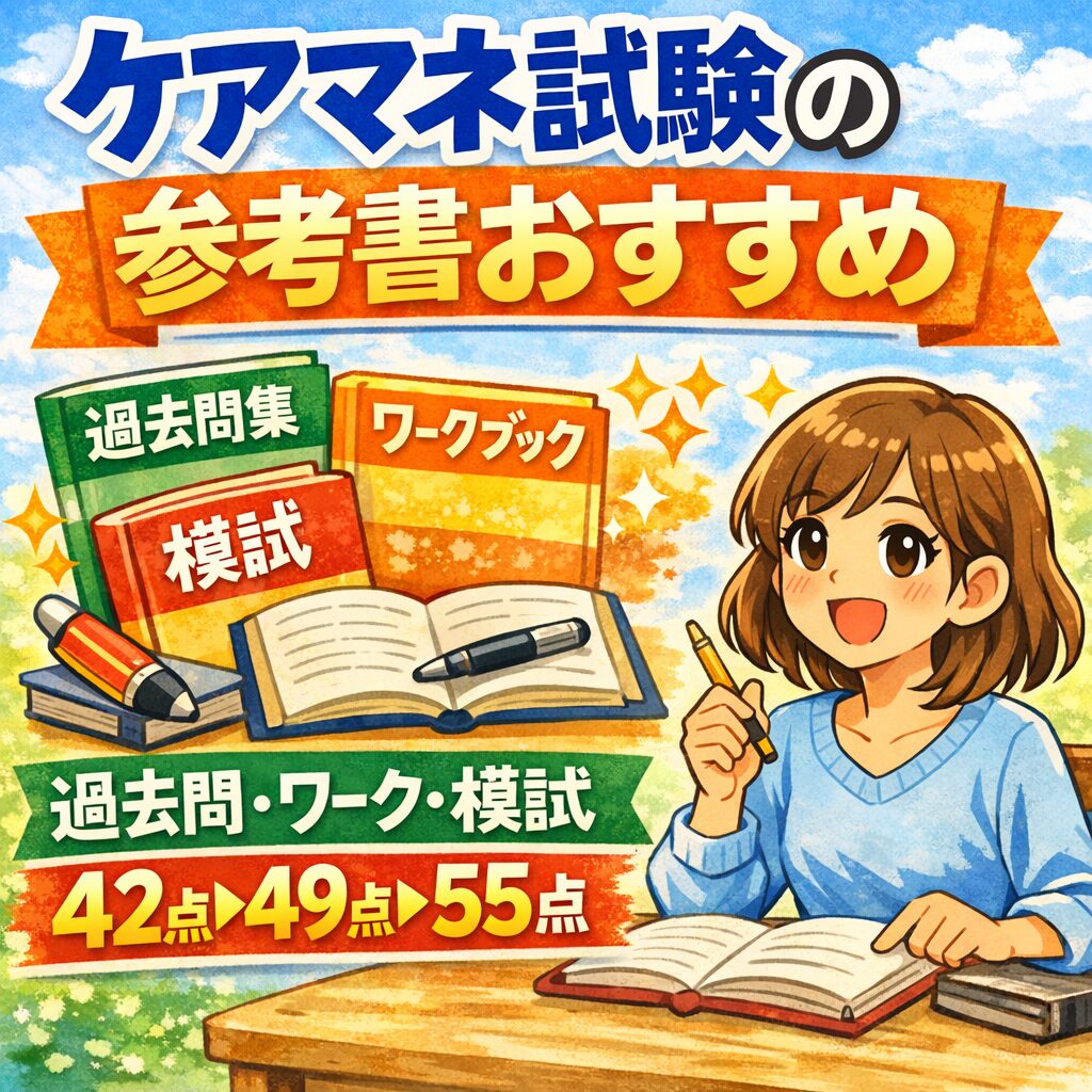 ケアマネ試験の参考書おすすめとして、過去問・ワーク・模試の勉強順番と点数推移（42→49→55点）を示したアイキャッチ画像