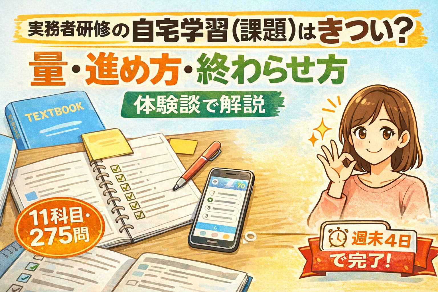 実務者研修の自宅学習（課題）がきついか不安な人向けに、量・進め方・終わらせ方を体験談で解説するアイキャッチ画像