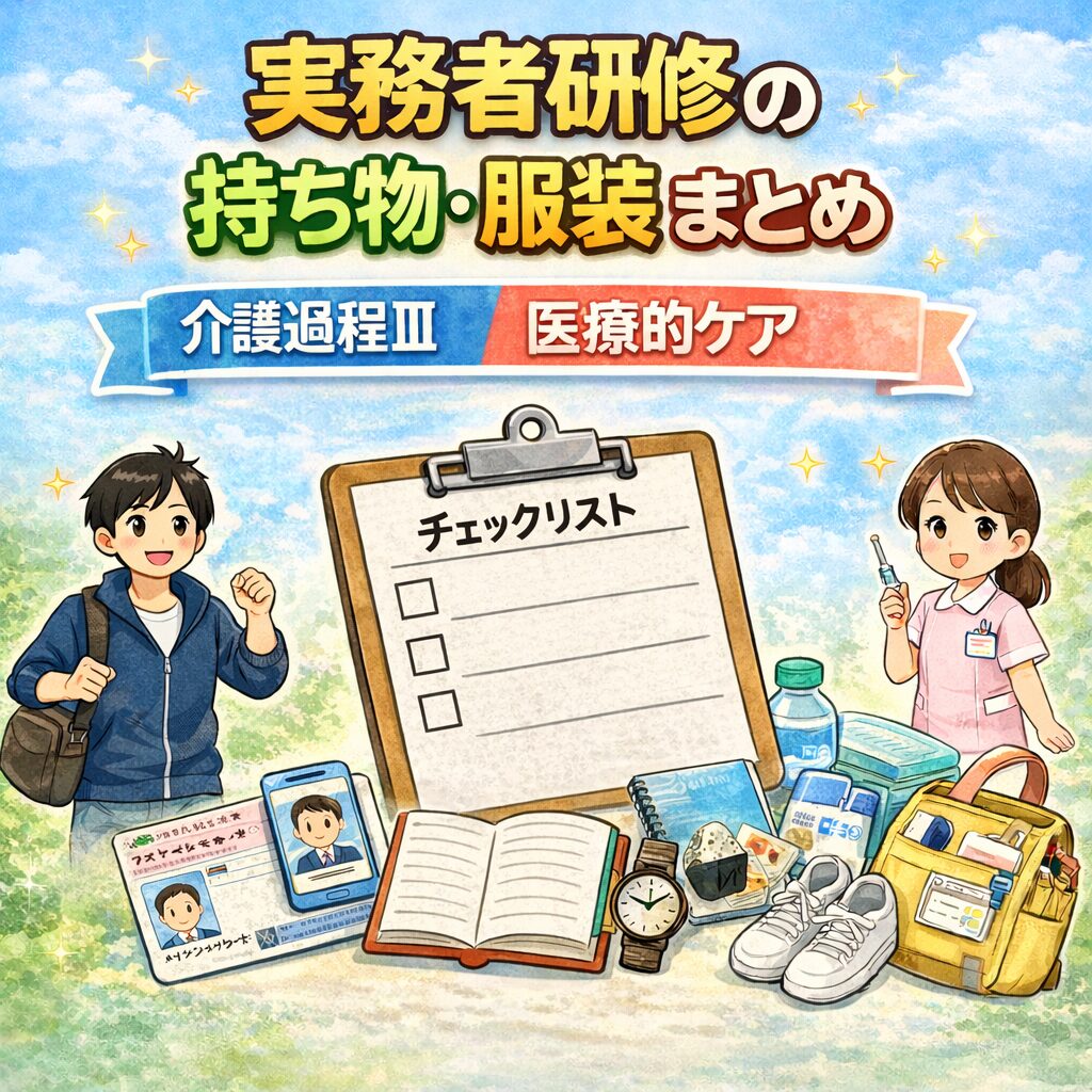 実務者研修の持ち物・服装まとめ（介護過程Ⅲと医療的ケア）の忘れ物防止チェックを紹介するアイキャッチ画像