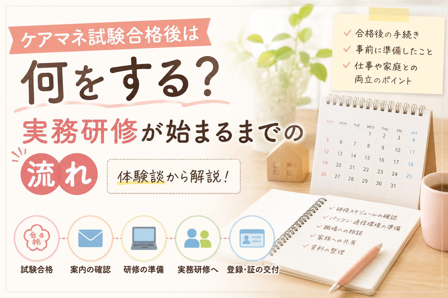 ケアマネ試験合格後から実務研修の開始、登録・介護支援専門員証の交付までの流れを示したアイキャッチ画像